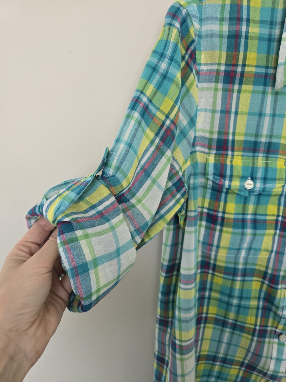 Ralph Lauren Plaid Button-Down Shirt in Aqua, Yellow & Green Cotton Size L - Picture 4 of 8